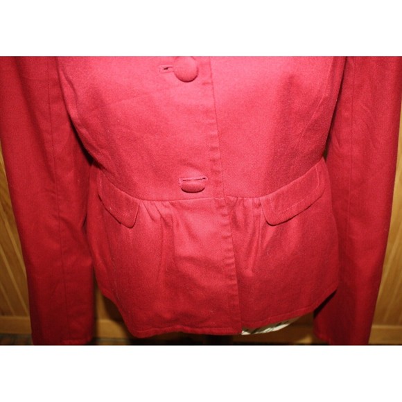 Merona Two Button Maroon Suit Jacket Split Sleeve Flair Bottom Sz M Faux Pockets - Picture 3 of 11
